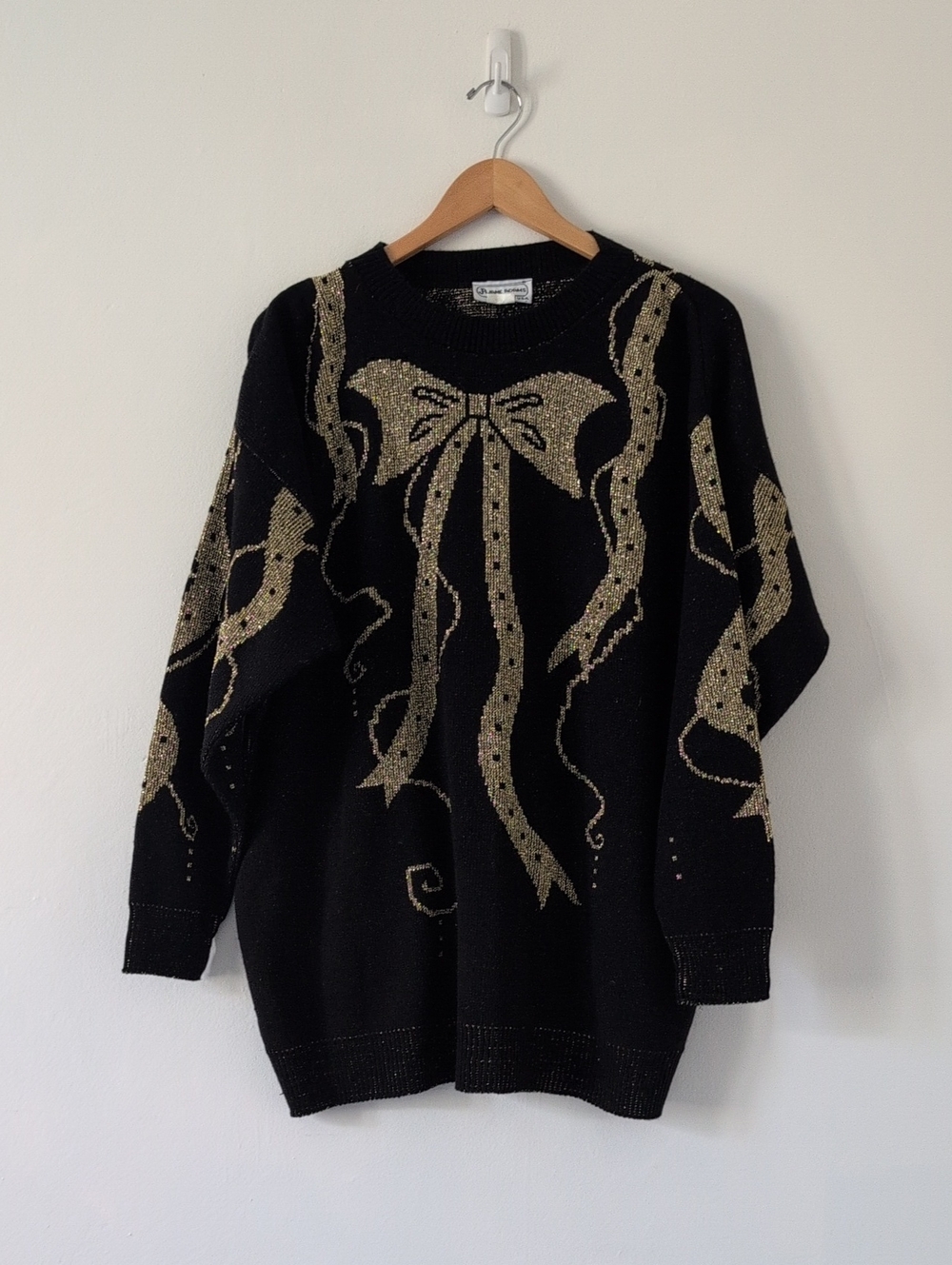 Vintage 80s Coquette Gold Bow Ribbon Oversized Black Sweater Jane Adams XL